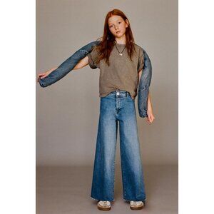 Zara Girls Marine Jeans Size 11-12 Kids Blue Denim Wide Leg High Waist Raw Hem